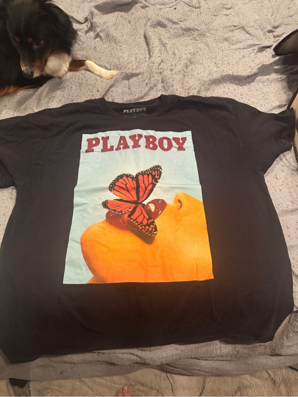 PLAYBOY Black Tee with Orange Butterfly Graphic